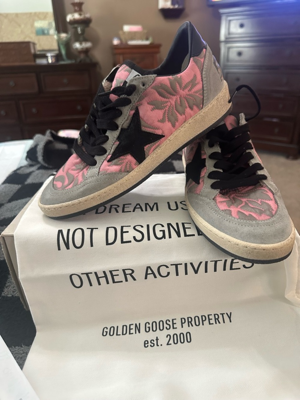 Golden Goose Pink Floral Suede Star BallStar Sneakers with Black Star sz 37